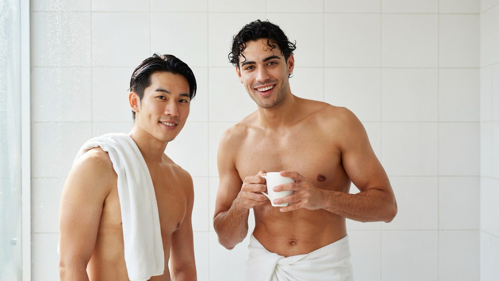 Two Steam Complex guests relaxing with towels and a hot drink